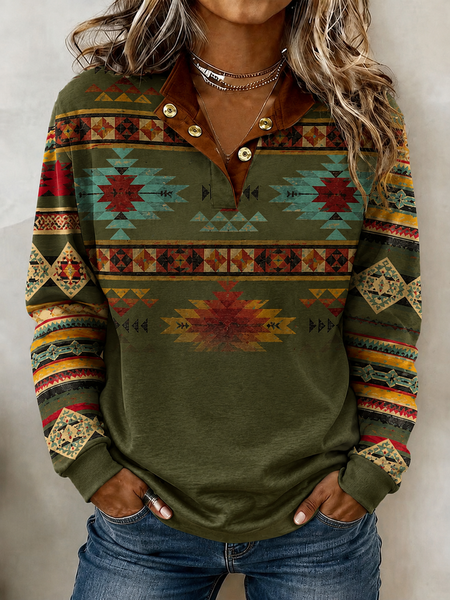 Women Ethnic Geometry Half Open Collar Vintage Spring/Fall Long Sleeve Sweatshirt