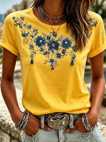Women Floral Short Sleeve Tee T-shirt Crew Neck Casual Summer Top