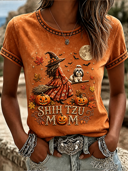 Women Dog Short Sleeve Tee T-shirt Crew Neck Printing Casual Graphic Tee Summer Top