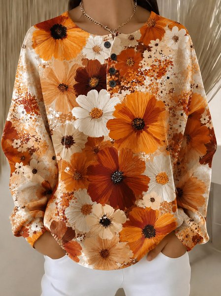 Women Floral Henley Collar Casual Spring/Fall Long Sleeve Sweatshirt