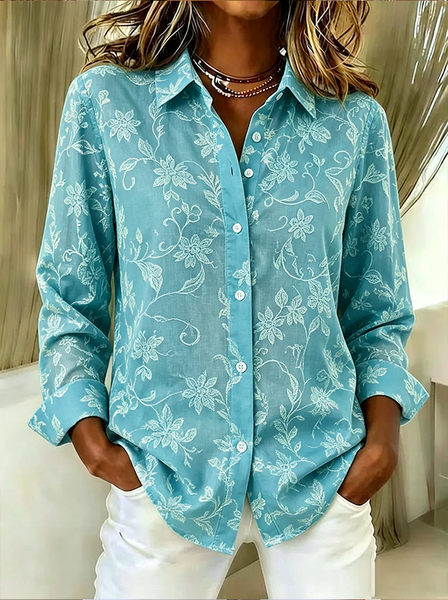 Women Floral Shirt Collar Long Sleeve Shirt Buckle Regular Sleeve Casual Daily Spring/Fall Top