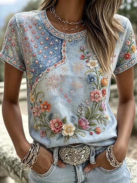 Women Floral Short Sleeve Tee T-shirt Crew Neck Casual Summer Top