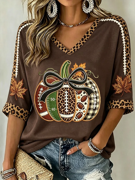 Women Leopard Half Sleeve Tee T-shirt V Neck Printing Vintage Summer Top