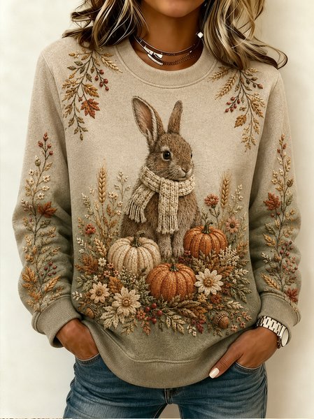 Women Rabbit Crew Neck Casual Spring/Fall Long Sleeve Sweatshirt
