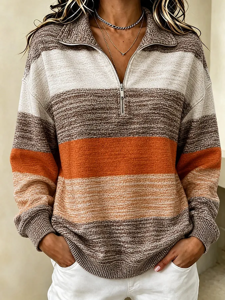 Women Striped Shawl Collar Printing Casual Spring/Fall Long Sleeve Sweatshirt
