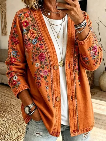 Women Floral Printing Long Sleeve Casual Spring/Fall Jacket Outerwear