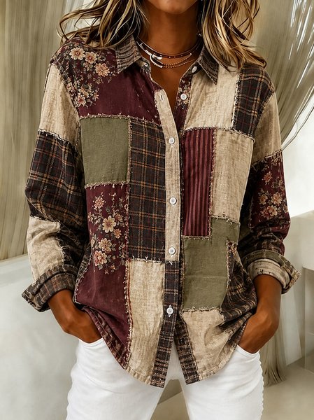 Women Floral Shawl Collar Long Sleeve Shirt Vintage Daily Spring/Fall Top