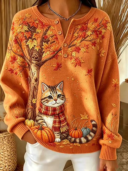 Women Cat Crew Neck Printing Casual Spring/Fall Long Sleeve Sweatshirt