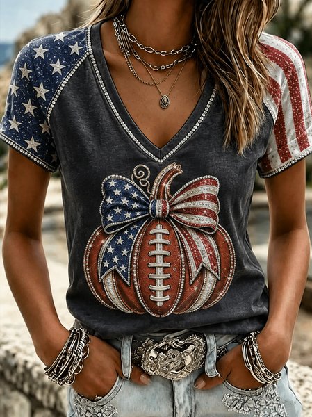 Women Pumpkin Pattern Short Sleeve Tee T-shirt V Neck Casual Summer Top