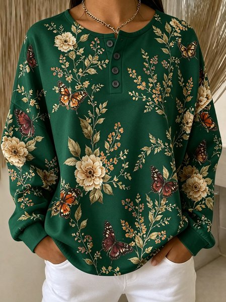Women Floral Henley Collar Casual Spring/Fall Long Sleeve Sweatshirt