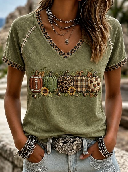 Women Pumpkin Pattern Short Sleeve Tee T-shirt V Neck Casual Summer Top