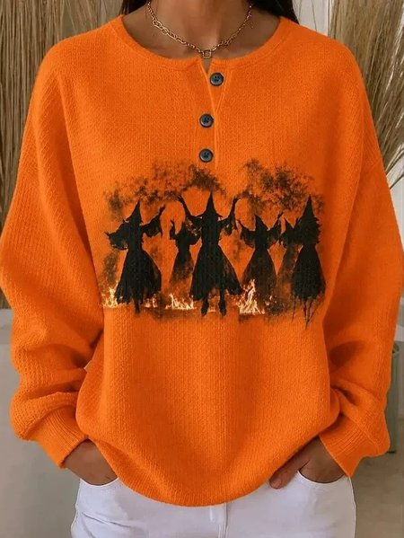 Women Halloween Henley Collar Casual Spring/Fall Long Sleeve Sweatshirt