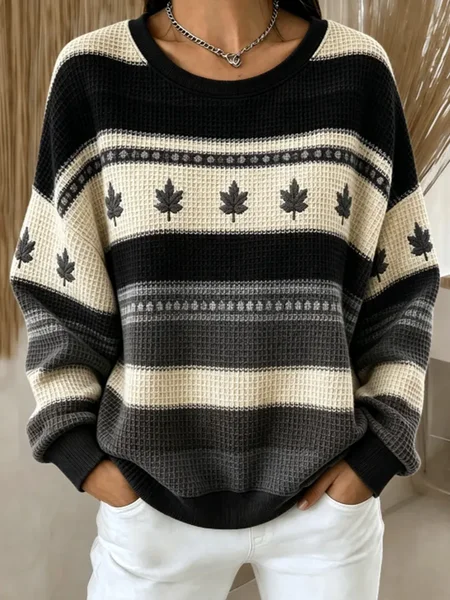 Women Maple Leaf Crew Neck Printing Casual Spring/Fall Long Sleeve Sweatshirt