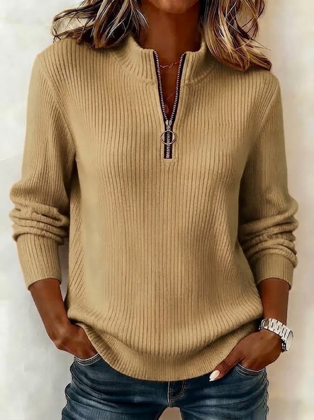 Women Plain Mock Neck Zipper Casual Spring/Fall Long Sleeve Sweatshirt