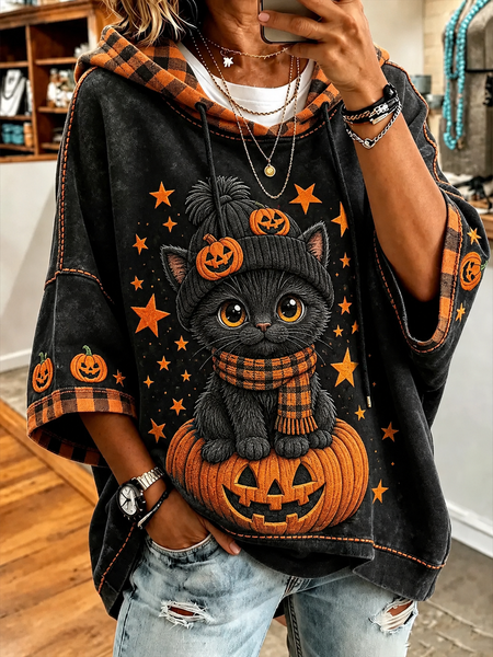 Women Plaid Half Sleeve Casual Holiday Spring/Fall Hoodie