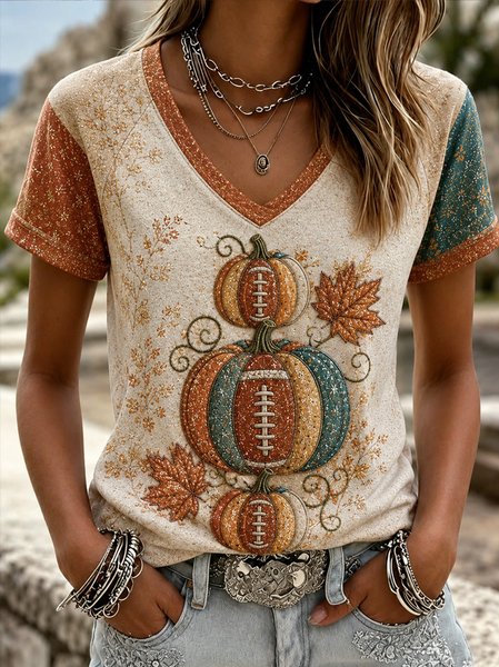 Women Pumpkin Pattern Short Sleeve Tee T-shirt V Neck Casual Summer Top
