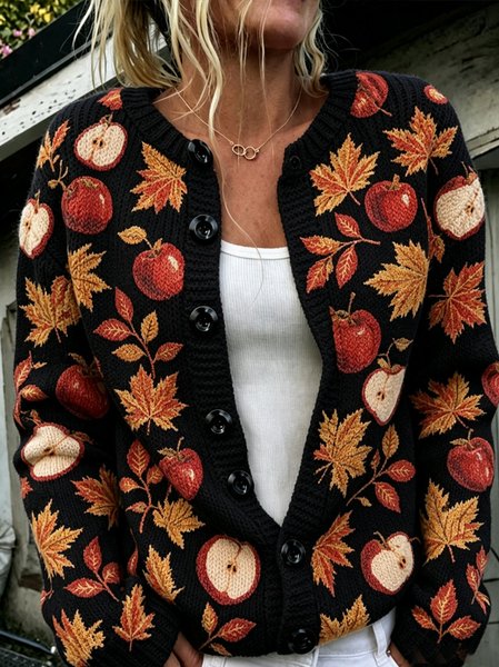 Women Maple Leaf Long Sleeve Crew Neck Casual Spring/Fall Cardigan Outerwear