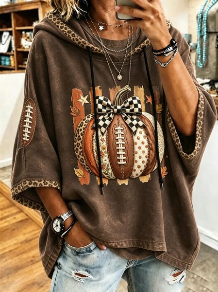 Women Pumpkin Pattern Half Sleeve Casual Holiday Spring/Fall Hoodie