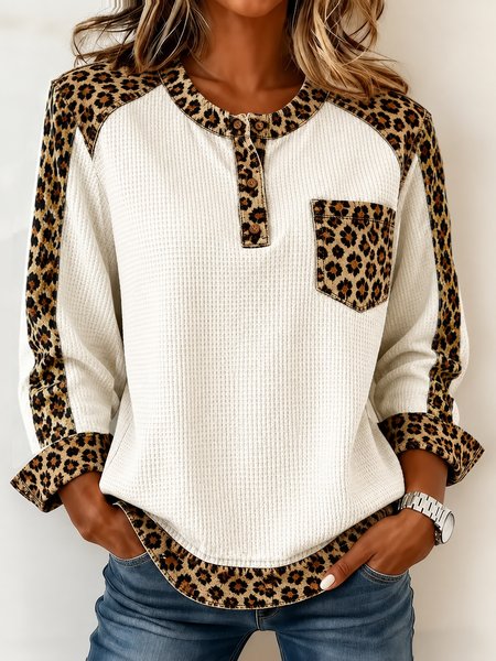 Women Leopard Half Open Collar Button Detail Casual Spring/Fall Long Sleeve Sweatshirt