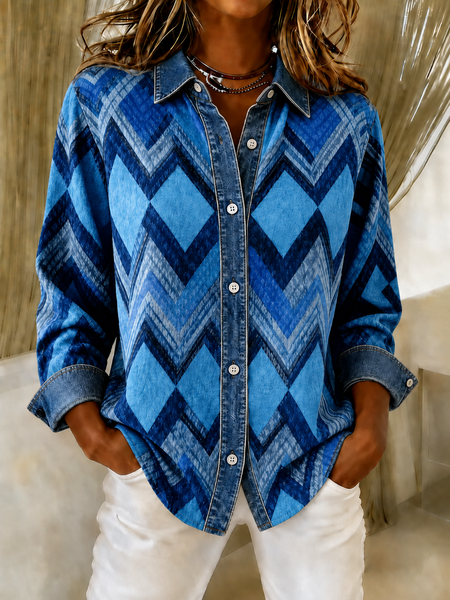 Women Geometric Shirt Collar Long Sleeve Shirt Printing Casual Daily Spring/Fall Top