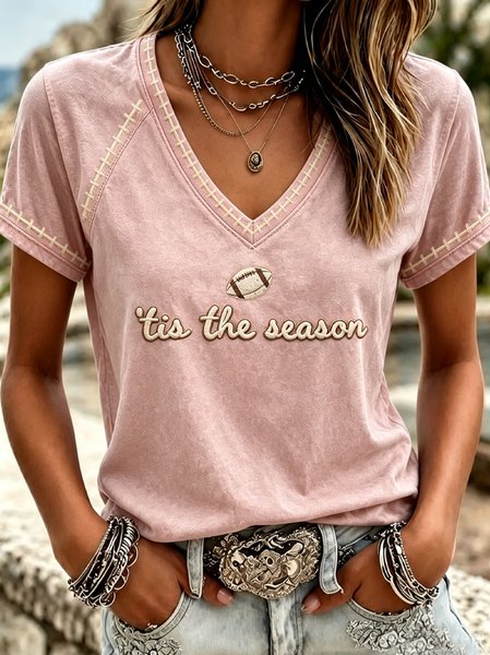 Women Text Letters Short Sleeve Tee T-shirt V Neck Casual Summer Top