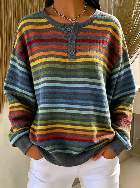 Women Striped Crew Neck Printing Casual Spring/Fall Long Sleeve Sweatshirt