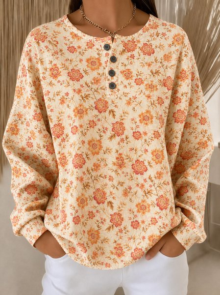 Women Floral Henley Collar Casual Spring/Fall Long Sleeve Sweatshirt