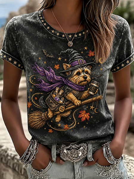 Women Dog Short Sleeve Tee T-shirt Crew Neck Printing Casual Graphic Tee Summer Top