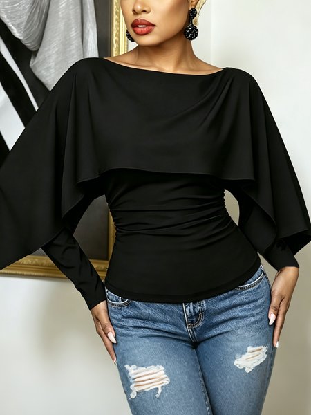 Casual Plain Folds Boat Neck Blouse 1 Casual Plain Folds Boat Neck Blouse
