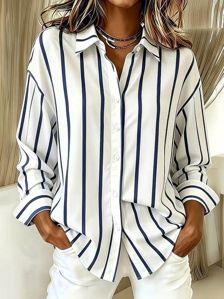 Women Striped Shirt Collar Long Sleeve Shirt Buckle Regular Sleeve Casual Daily Spring/Fall Top