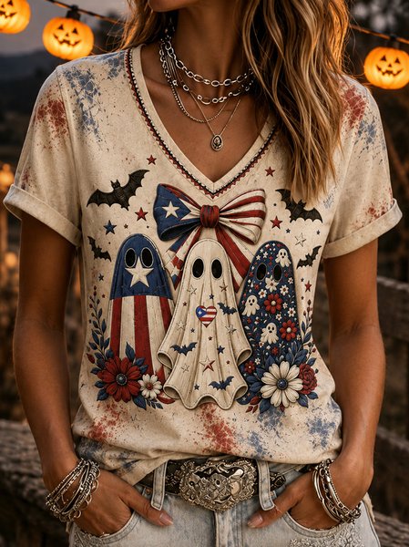 Women Pumpkin Pattern Short Sleeve Tee T-shirt V Neck Casual Summer Top