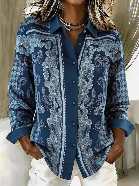 Women Paisley Shawl Collar Long Sleeve Shirt Vintage Daily Spring/Fall Top