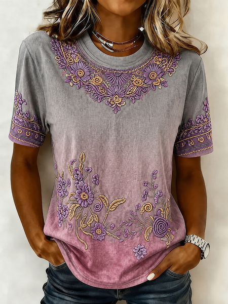 Women Floral Short Sleeve Tee T-shirt Crew Neck Casual Summer Top
