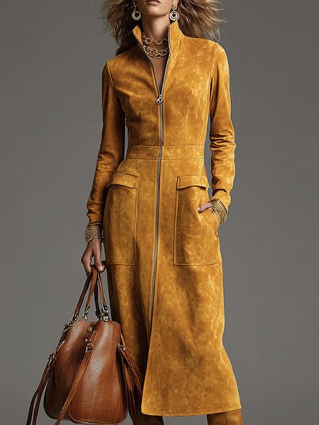 Suede Urban Plain Zipper Stand Collar Midi Dress 1 Suede Urban Plain Zipper Stand Collar Midi Dress
