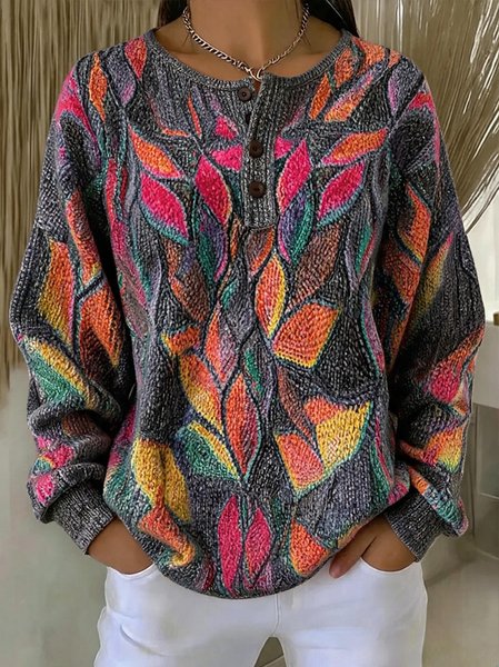 Women Leaf Henley Collar Casual Spring/Fall Long Sleeve Sweatshirt
