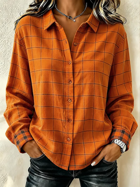 Women Plaid Shirt Collar Long Sleeve Shirt Buckle Regular Sleeve Casual Daily Spring/Fall Top