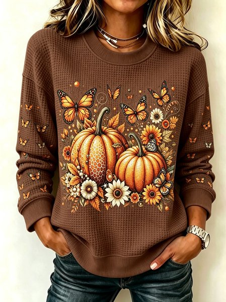 Women Pumpkin Pattern Crew Neck Casual Spring/Fall Long Sleeve Sweatshirt