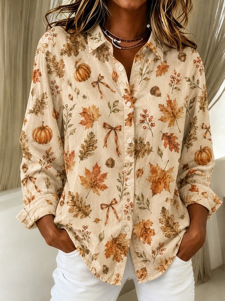 Women Maple Leaf Shawl Collar Long Sleeve Shirt Vintage Daily Spring/Fall Top