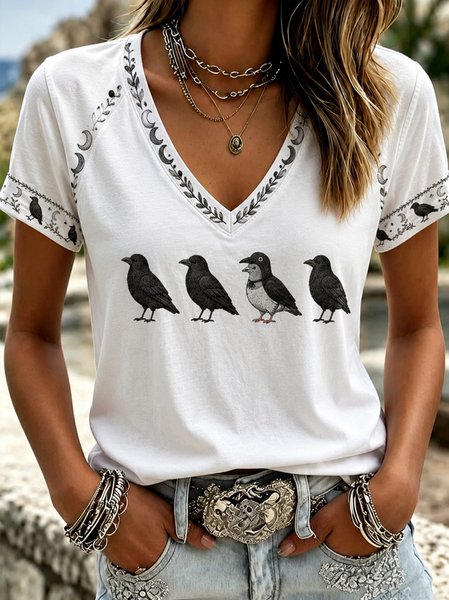 Women Bird Short Sleeve Tee T-shirt V Neck Casual Summer Top