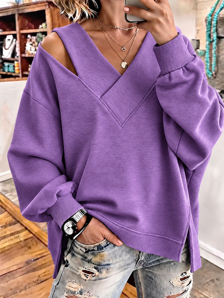 Women Plain V Neck Casual Spring/Fall Long Sleeve Sweatshirt