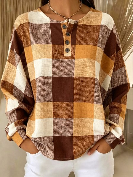 Women Plaid Henley Collar Vintage Spring/Fall Long Sleeve Sweatshirt
