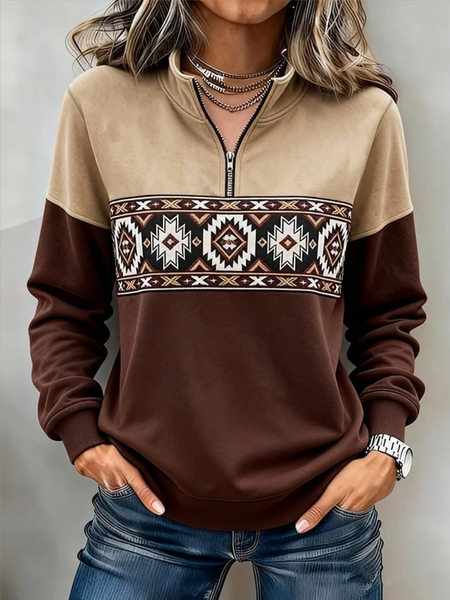 Women Abstract Half Open Collar Casual Spring/Fall Long Sleeve Sweatshirt