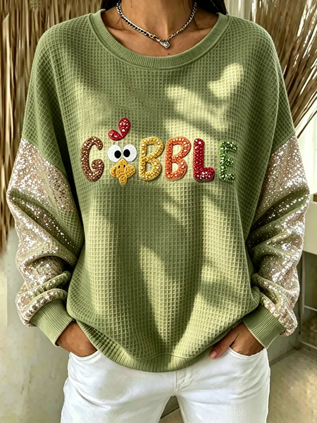 Women Turkey Crew Neck Printing Casual Spring/Fall Long Sleeve Sweatshirt
