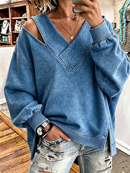 Women Plain V Neck Printing Casual Spring/Fall Long Sleeve Sweatshirt