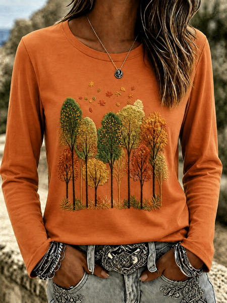 Women Leaf Long Sleeve Tee T-shirt Crew Neck Casual Spring/Fall Top