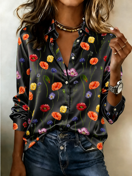 Women Floral Shirt Collar Long Sleeve Shirt Printing Casual Daily Spring/Fall Top