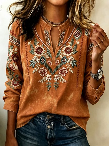 Women Geometric V Neck Long Sleeve Blouse Printing Casual Daily Spring/Fall Top