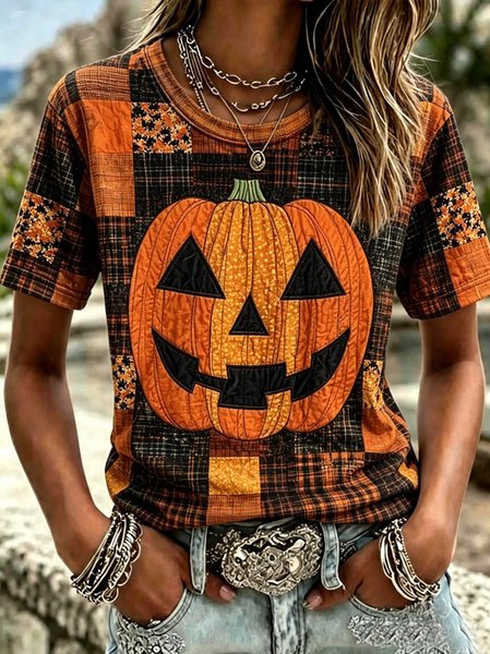 Women Plaid Short Sleeve Tee T-shirt Crew Neck Casual Summer Top
