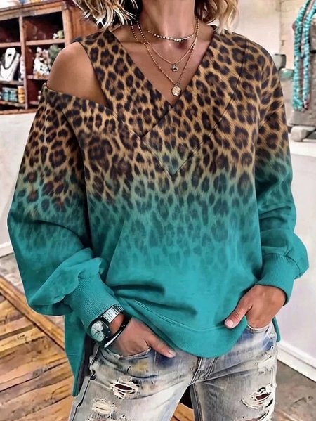 Casual Ombre V Neck Long Sleeve Sweatshirt