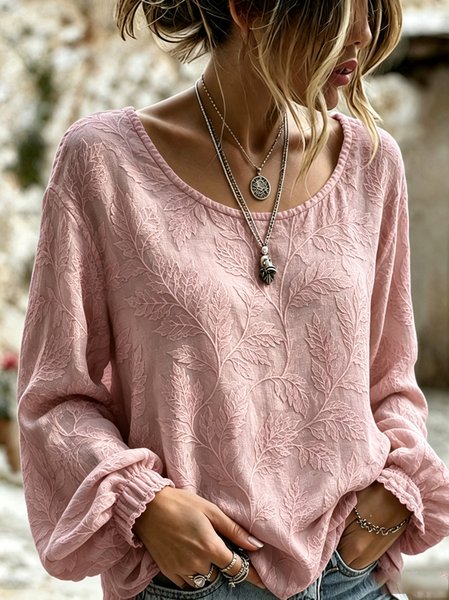Women Leaf Casual Blouse Crew Neck Long Sleeve Printing Top